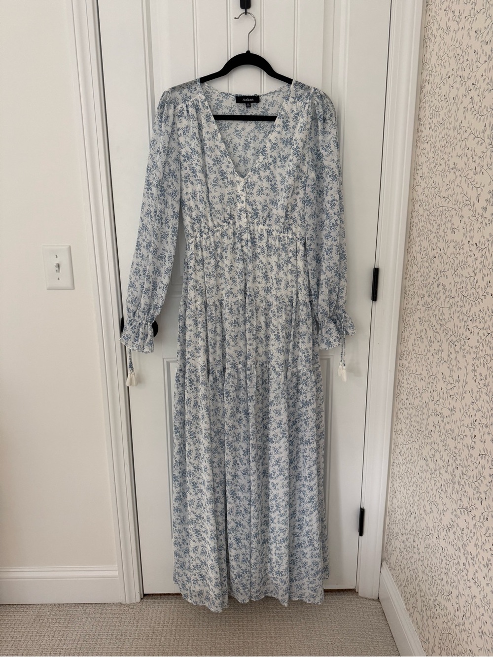 Light Blue Floral Maxi Dress with Long Sleeves